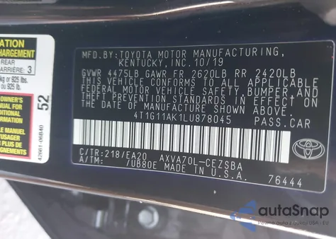 2020 Toyota Camry Se из США, поврежденный, VIN 4T1G11AK1LU878045